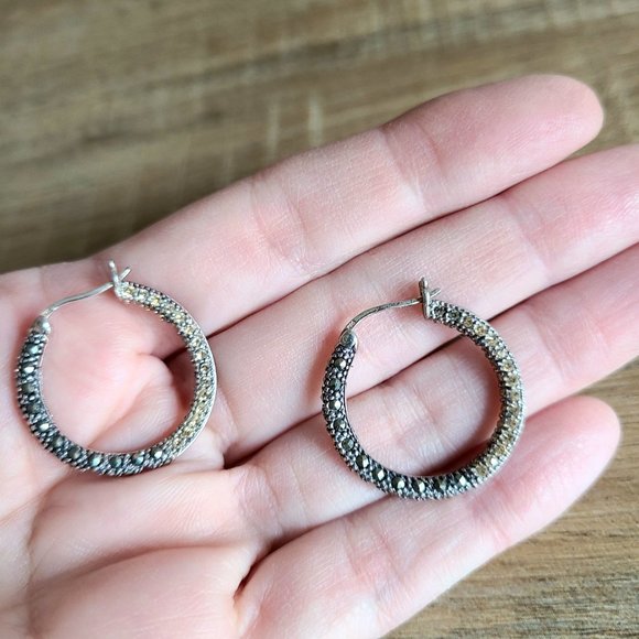 Sterling silver loops earrings with black and clear sparkly rhinestones. - Picture 3 of 6